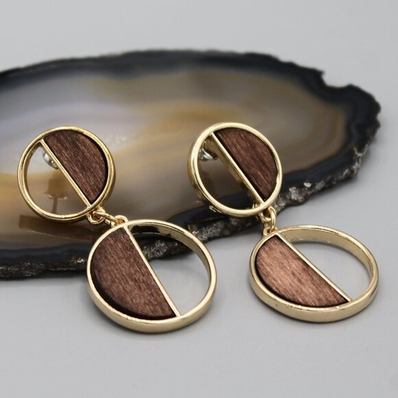 Jewelry earrings gold tone drop dangle elegant wooden modern fashion new - Picture 2 of 8